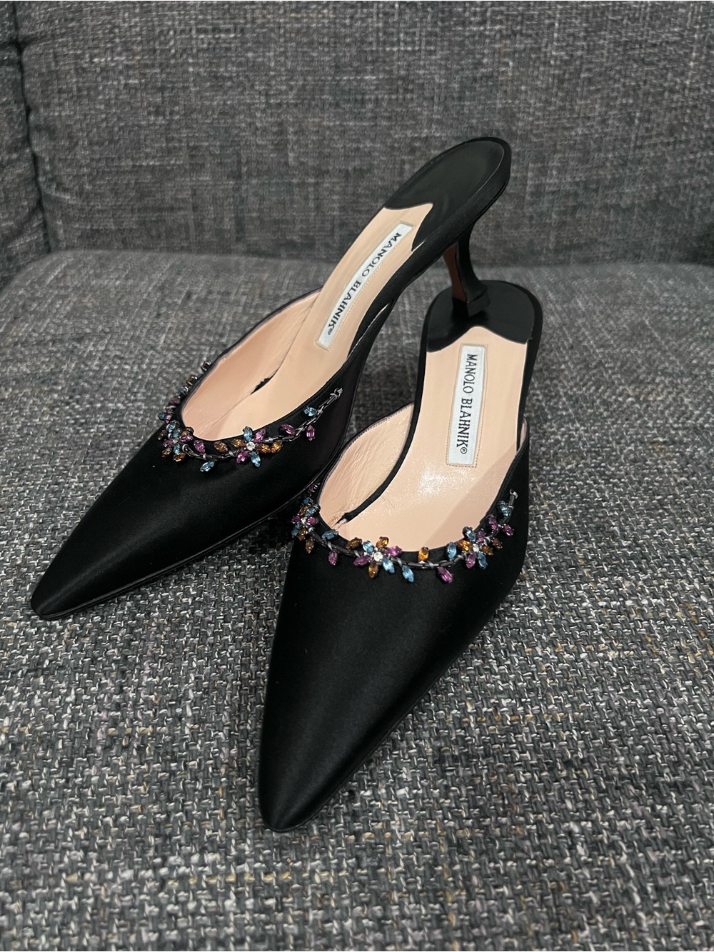Manolo Blahnik Black Satin Mules 37.5
